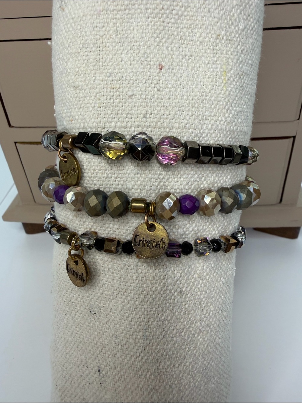 Erimish Purple, Gold & Gray Three-Piece Beaded Bracelet Set